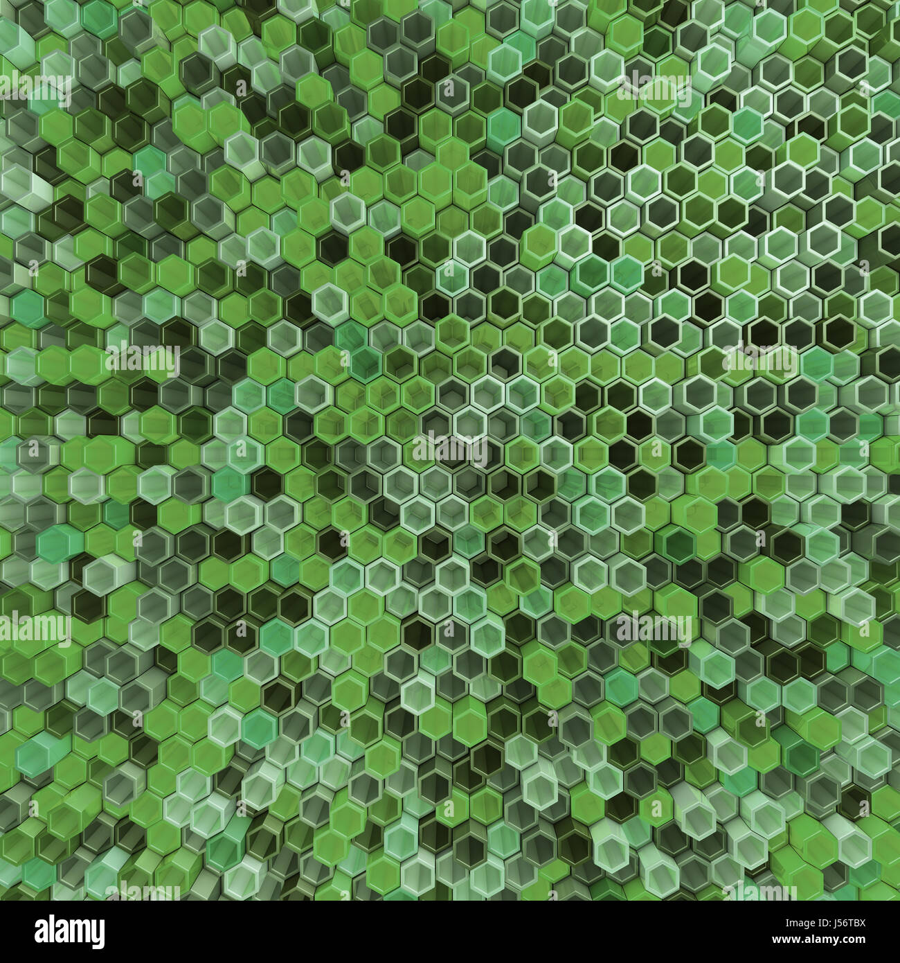 A network of hexagons green hue, which change height. 3D render. Stock Photo