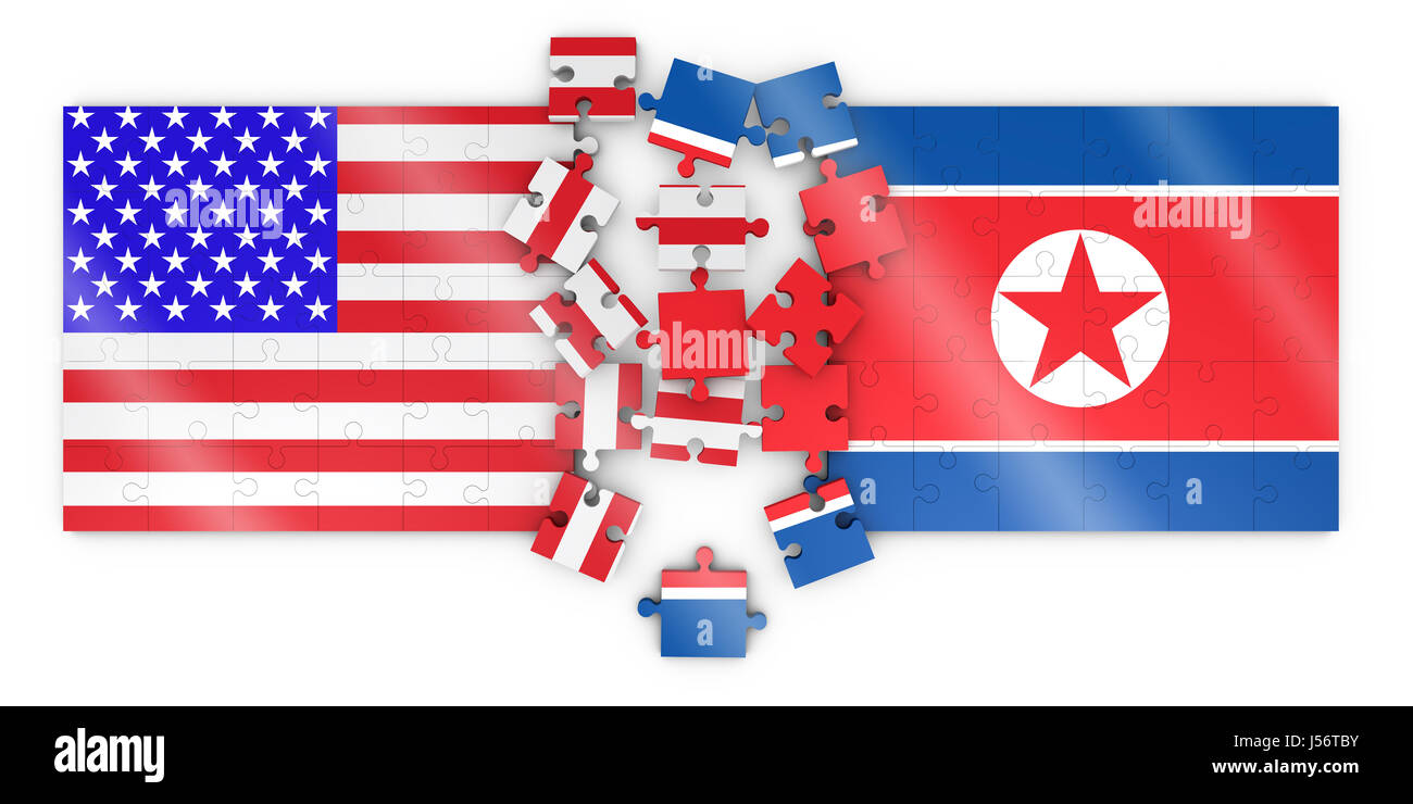 Puzzle with the image of flag of North Korea and the United States. 3d ...