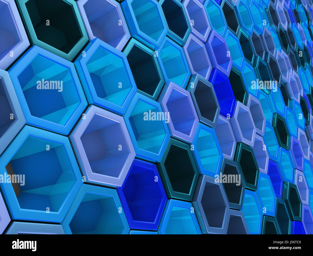 A network of hexagons blue hue, which change height. 3D render. Stock Photo