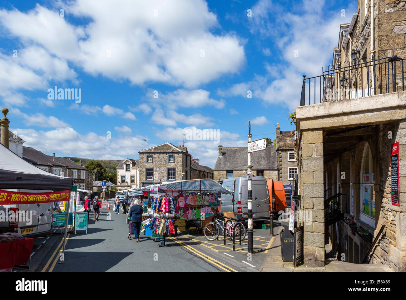 Tuesday market on Cheapside in the town centre, Settle, Yorkshire Dales, North Yorkshire, England, UK. Stock Photo