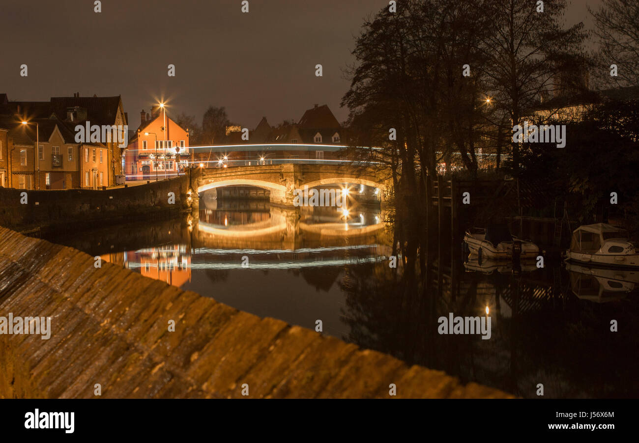 Fye Bridge Norwich at night with the ribs of beef Stock Photo