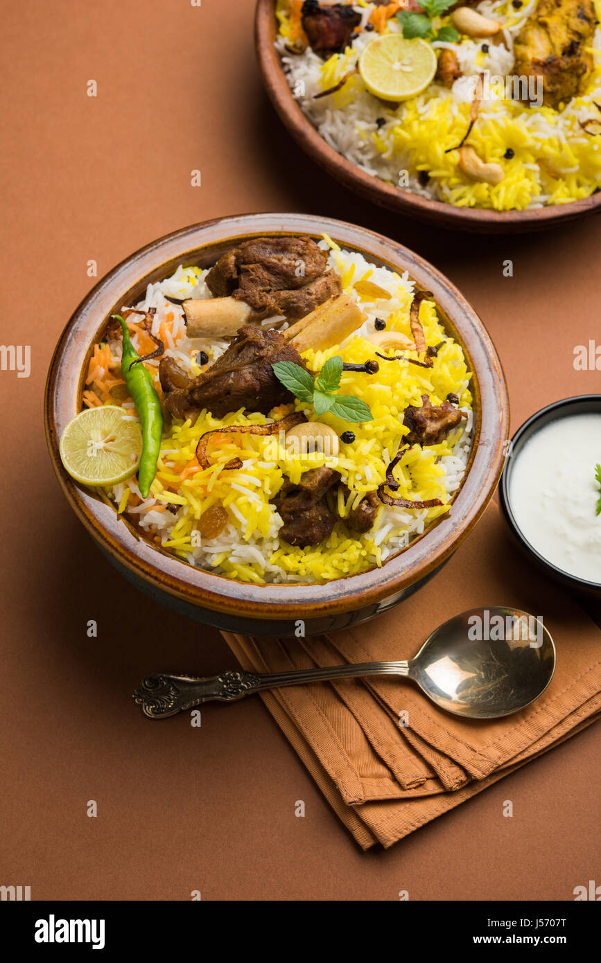 kashmiri Mutton Gosht Biryani / Lamb Biryani / Mutton Biryani served with Yogurt dip, selective