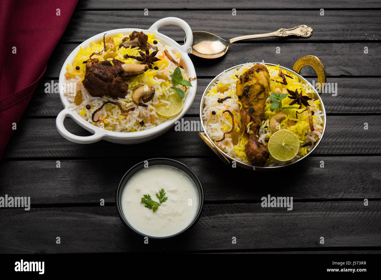 kashmiri Mutton Gosht Biryani / Lamb Biryani / Mutton Biryani served with Yogurt dip, selective