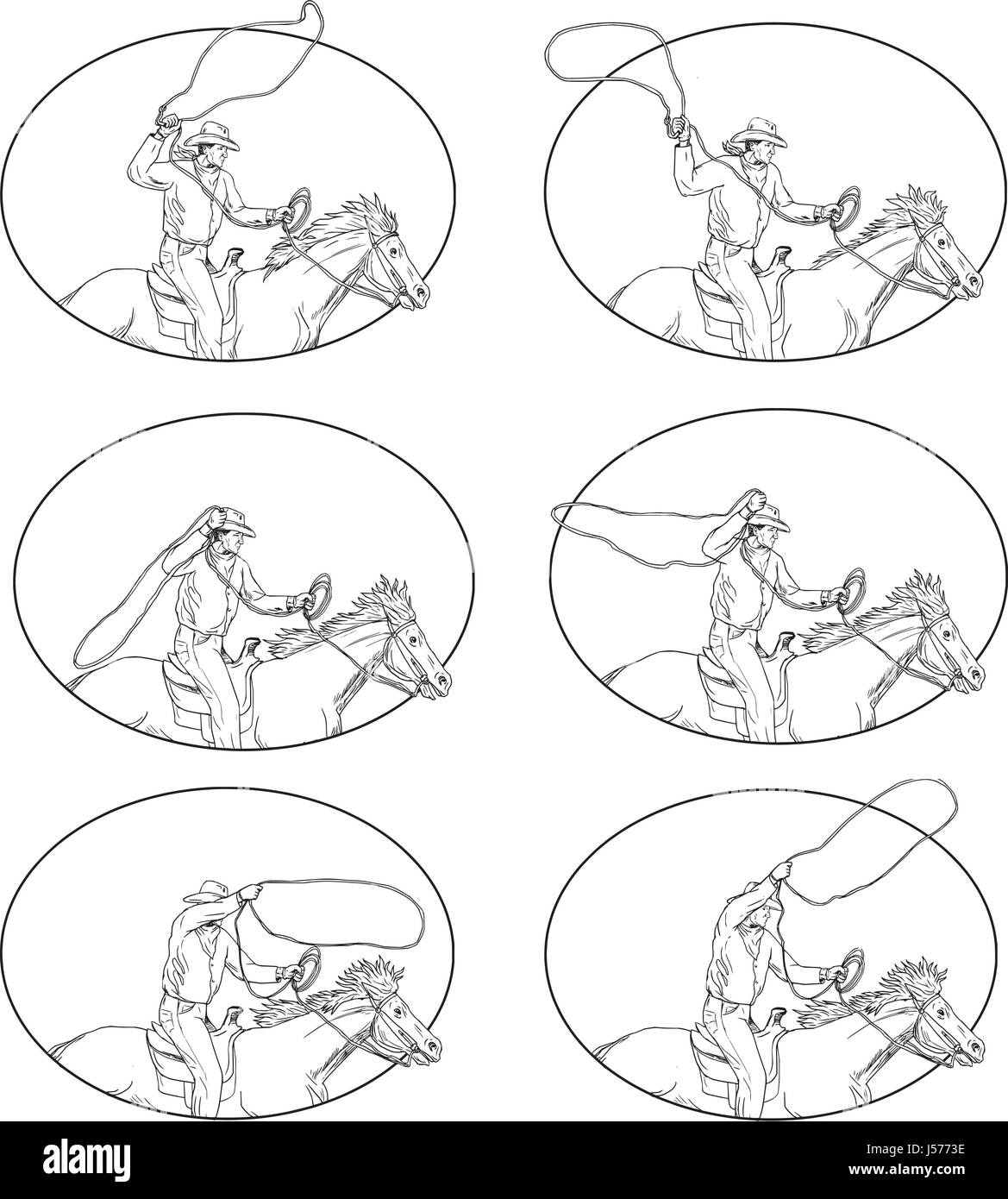 Collection set of illustrations of  a rodeo cowboy holding lasso riding horse viewed in different movements set inside oval shape done in drawing sket Stock Vector