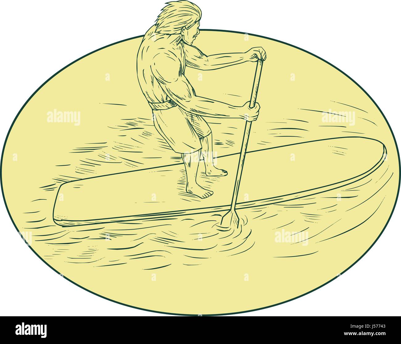 Surfer Dude Stand Up Paddle Oval Drawing Stock Vector