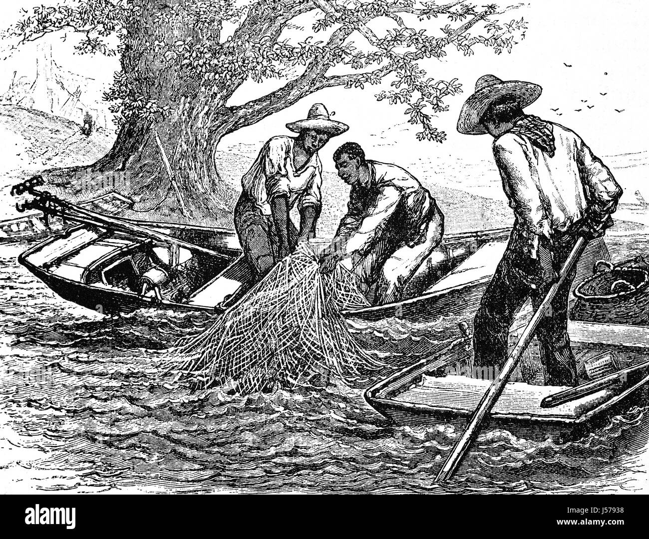 1879: Netting Diamond Back Terrapins Near Annapolis, Capital of the state of Maryland, United States of America Stock Photo