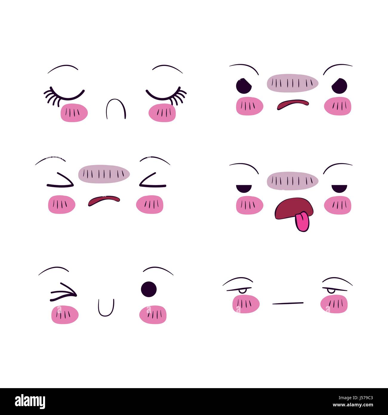 white background set for six different facial expression kawaii Stock