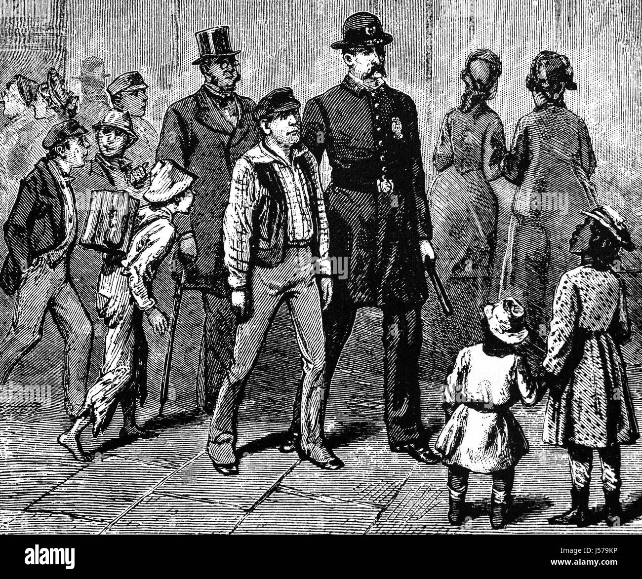 1880; Officers of the Broadway Police with delinquint offender, New York City, New York State, United States of America Stock Photo