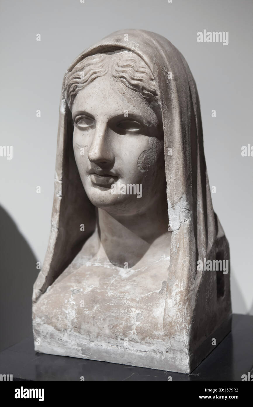 Marble bust of a Hellenistic princess. Roman copy from the 1st century AD after a Greek original found in the rectangular peristyle in the Villa dei Papiri (Villa of the Papyri) in Herculaneum on display in the National Archaeological Museum in Naples, Campania, Italy. Stock Photo