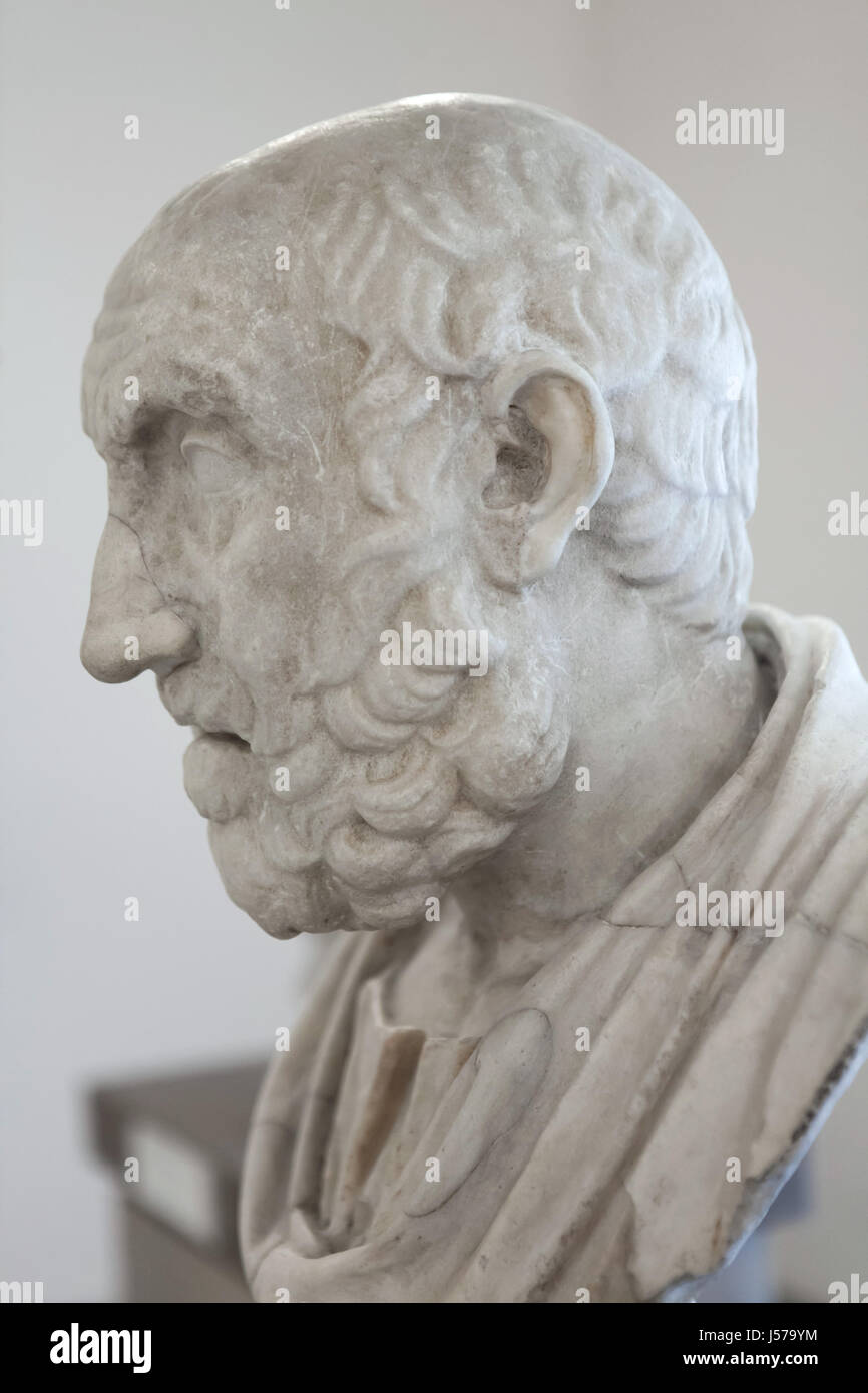 Marble bust of ancient Greek physician Hippocrates (460-370 BC). Roman copy from the 1st century AD after a Greek original from the middle of the 2nd century BC from the Farnese Collection on display in the National Archaeological Museum in Naples, Campania, Italy. Stock Photo