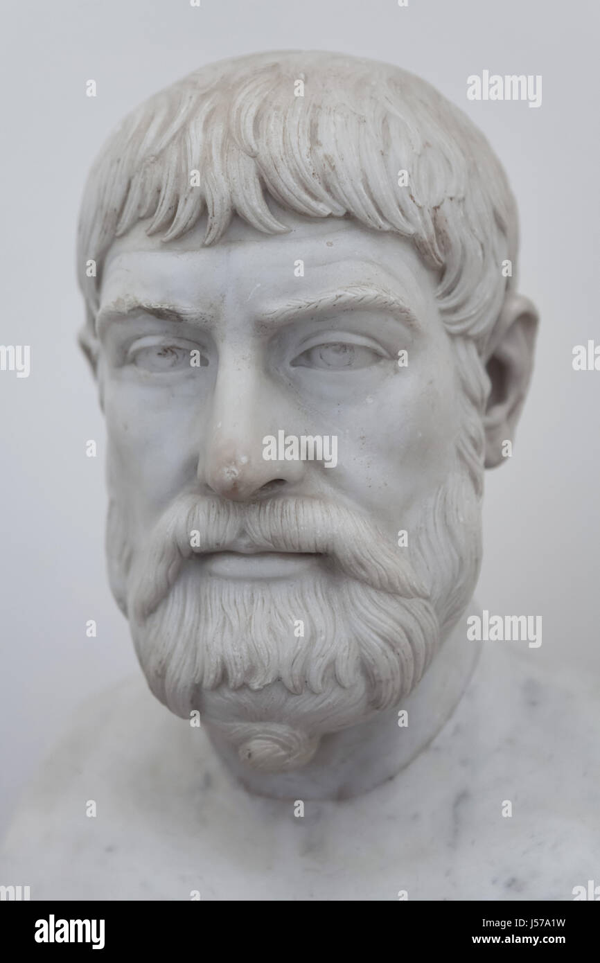 Marble bust of Greek lyric poet Pindar (522-443 BC). Roman copy dated from 130-140 AD after a Greek original from the middle of the 5th century BC from the Farnese Collection on display in the National Archaeological Museum in Naples, Campania, Italy. Stock Photo
