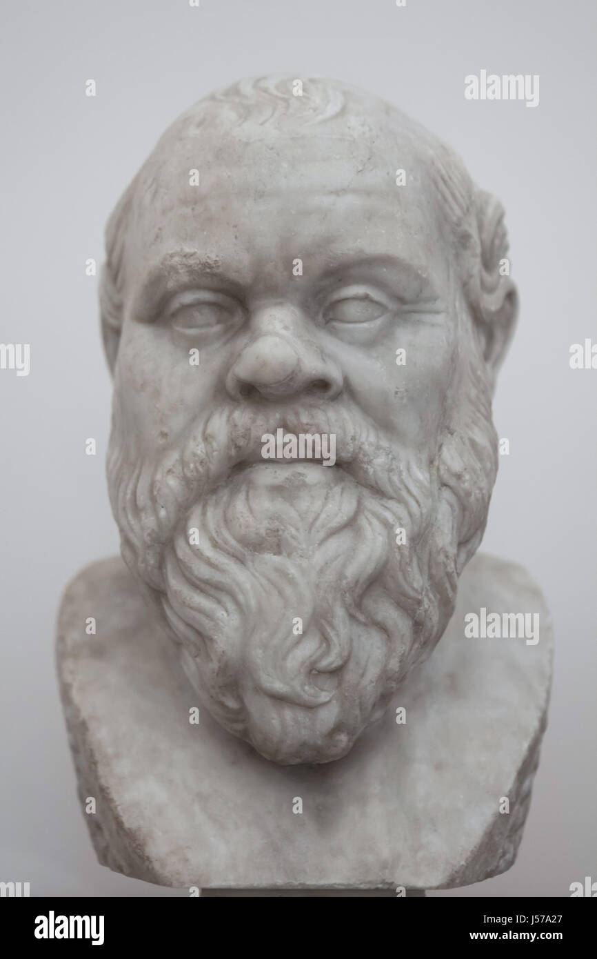 Marble bust of ancient Greek philosopher Socrates (469-399 BC). Roman copy from the middle of the 1st century AD after a Greek original from circa 380 BC (Type A) from the Farnese Collection on display in the National Archaeological Museum in Naples, Campania, Italy. Stock Photo