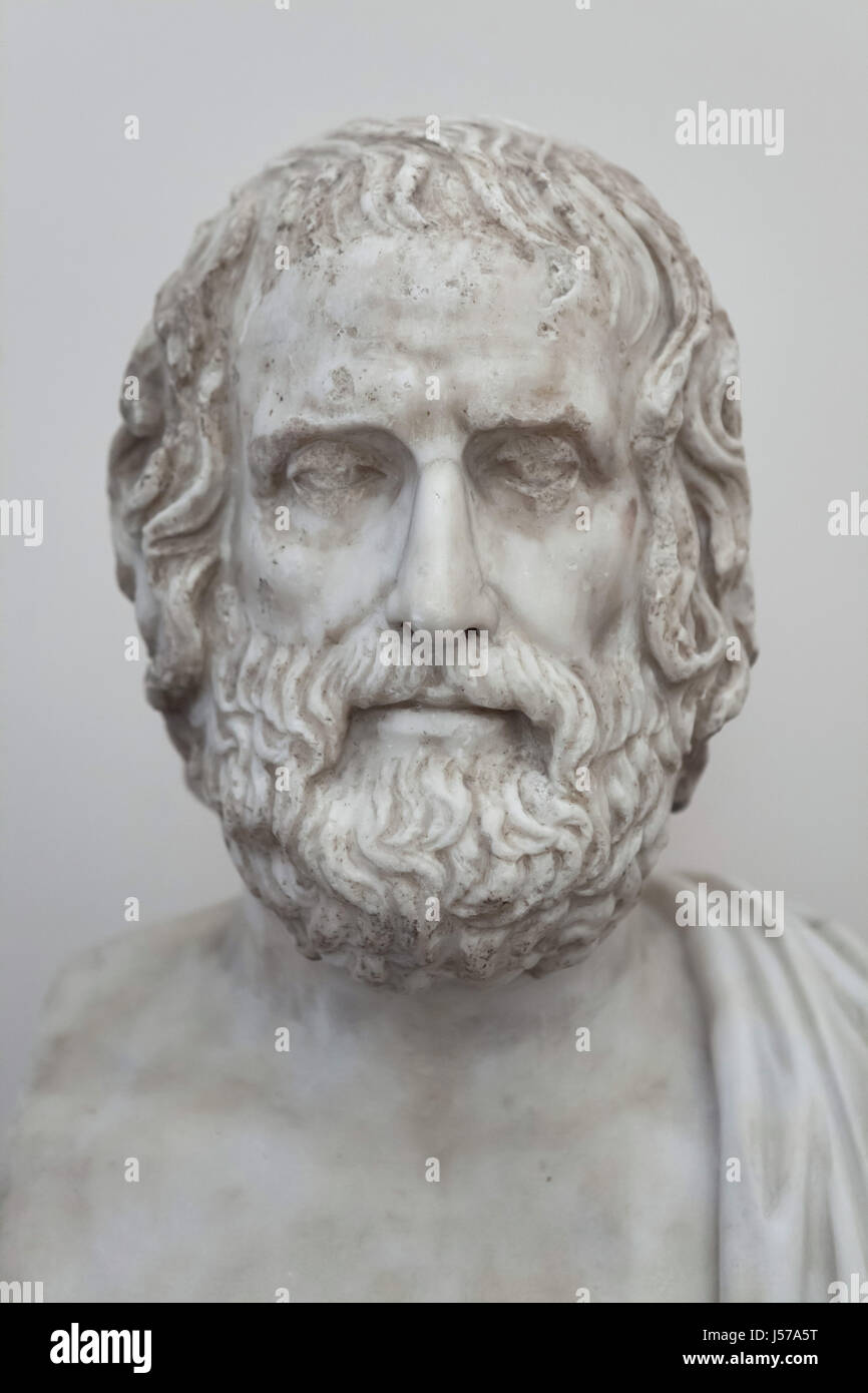 Marble bust of ancient Greek tragedian Euripides (480-406 BC). Roman copy from the Augustan age after a Greek original from 340-330 BC from the Farnese Collection on display in the National Archaeological Museum in Naples, Campania, Italy. Stock Photo