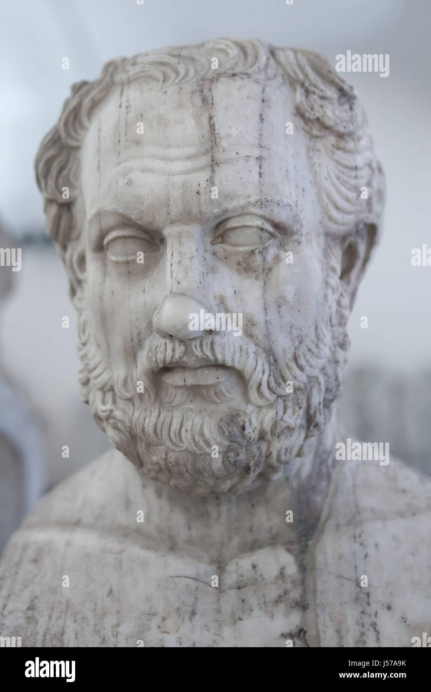 Marble bust of Athenian historian Thucydides (460-400 BC). Roman copy from the 2nd century AD after a Greek original from the early 4th century BC from the Farnese Collection on display in the National Archaeological Museum in Naples, Campania, Italy. Stock Photo