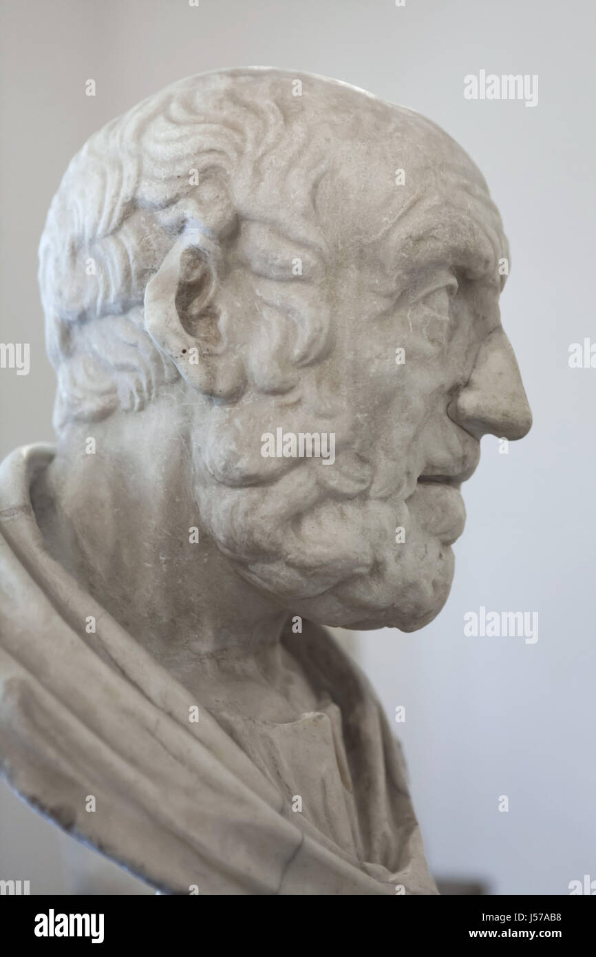 Marble bust of ancient Greek physician Hippocrates (460-370 BC). Roman copy from the 1st century AD after a Greek original from the middle of the 2nd century BC from the Farnese Collection on display in the National Archaeological Museum in Naples, Campania, Italy. Stock Photo