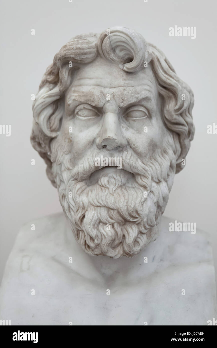 Marble bust of Greek Cynic philosopher Antisthenes (445-365 BC). Roman copy from the 2nd century AD after a Greek original from the Hellenistic period from the Farnese Collection on display in the National Archaeological Museum in Naples, Campania, Italy. Stock Photo