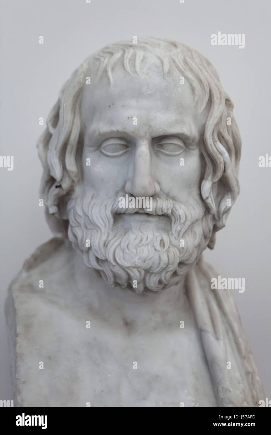 Marble bust of ancient Greek tragedian Euripides (480-406 BC). Roman copy from the 1st or 2nd century AD after a Greek original from 340-330 BC from the Farnese Collection on display in the National Archaeological Museum in Naples, Campania, Italy. Stock Photo