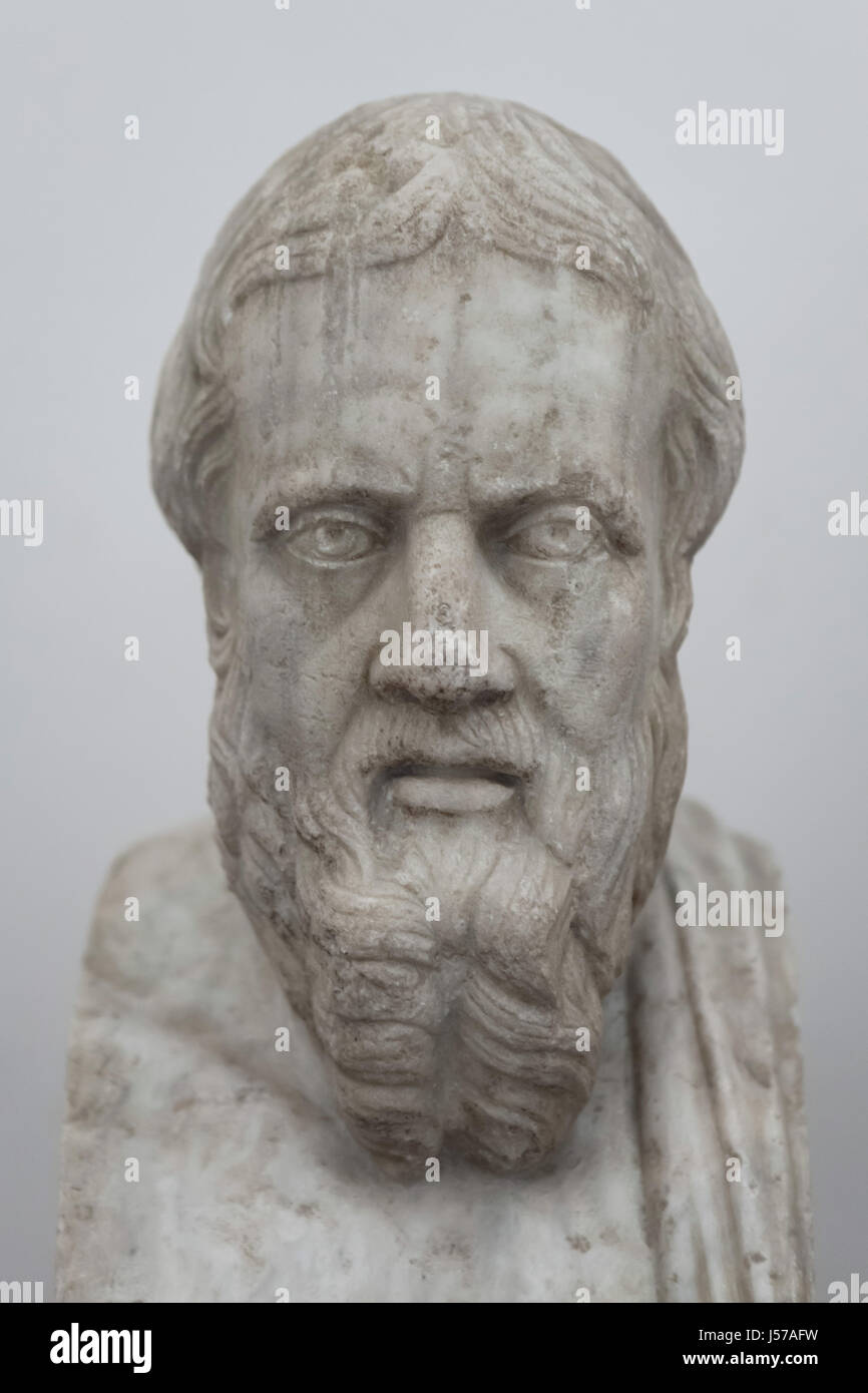 Marble bust of ancient Greek historian Herodotus (484-425 BC). Roman copy from the 3rd century AD after a Greek original from the early 4th century BC from the Farnese Collection on display in the National Archaeological Museum in Naples, Campania, Italy. Stock Photo