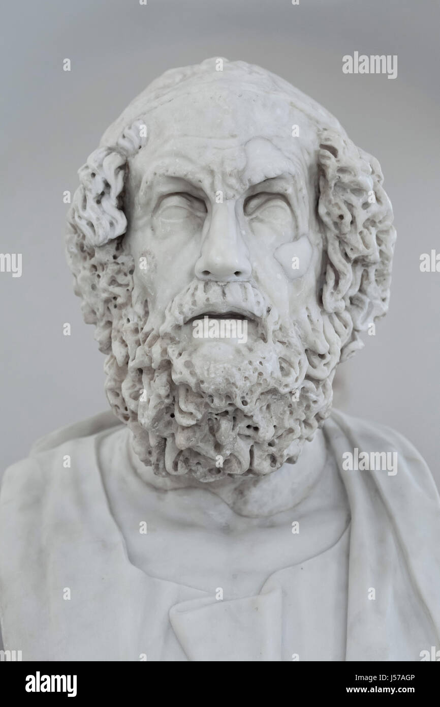 Marble bust of ancient Greek poet Homer. Roman copy from the 2nd century AD after a Greek original from the 1st century BC (Hellenistic type) from the Farnese Collection on display in the National Archaeological Museum in Naples, Campania, Italy. Stock Photo