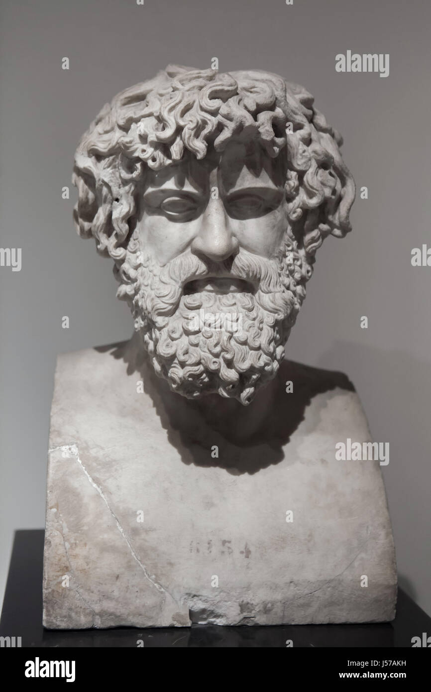 Marble bust of an unknown philosopher or ruler. Roman copy from the 1st century AD after a Greek original found in the rectangular peristyle in the Villa dei Papiri (Villa of the Papyri) in Herculaneum on display in the National Archaeological Museum in Naples, Campania, Italy. Stock Photo