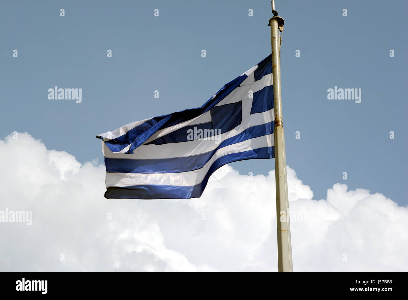 blue,greece,flag,mast,nationality,firmament,sky,greece,weiss Stock Photo