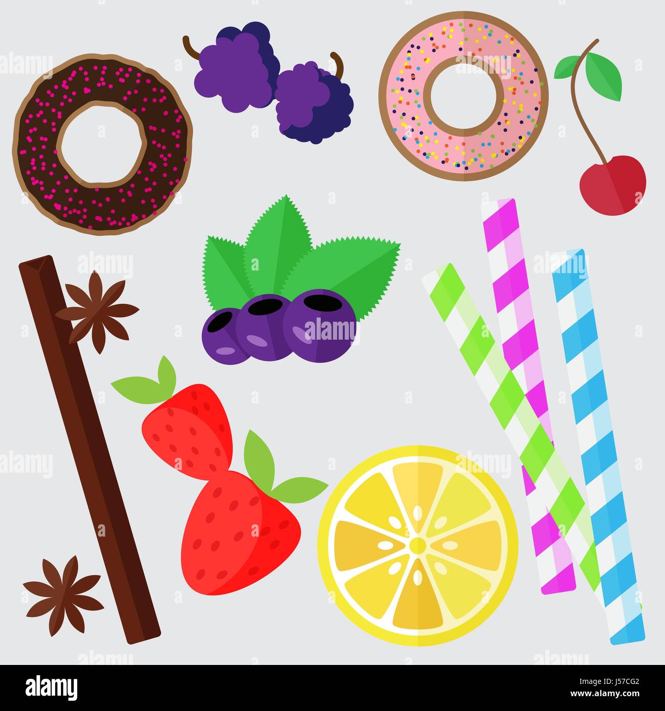 Set of sweets, flat illustration. Donut, berries, and lemon isolated vector elements Stock Vector