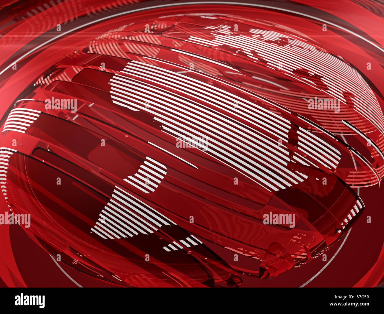 Red Glossy Globe and World Map with White Stripe Pattern Stock Photo