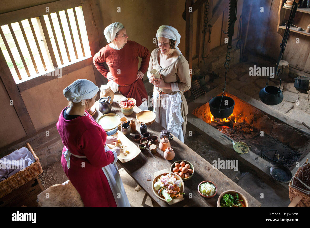 Cooking by a reenactment group, reconstructed medieval house, Nienover, Bodenfelde, Lower Saxony, Germany Stock Photo