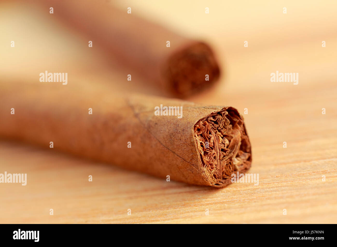 Cigars on wooden board. Close up view. Shallow depth of field. Stock Photo