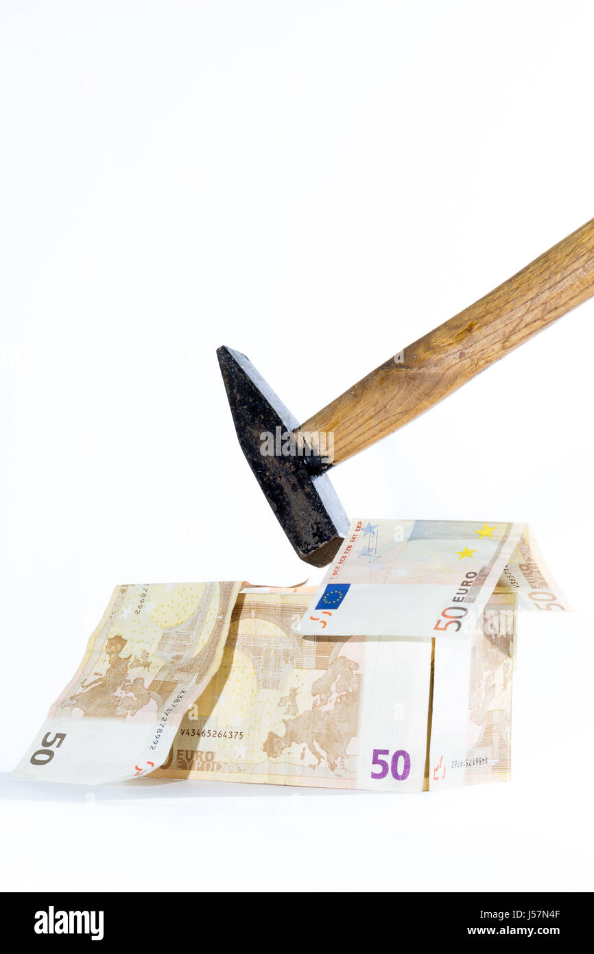 money-house made of European Union banknotes and a hammer symbol for mortgage problems on white background Stock Photo