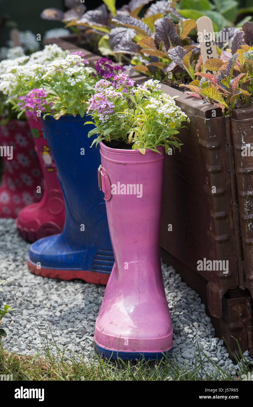 School childrens flower display in wellington boots at a flower show. UK Stock Photo