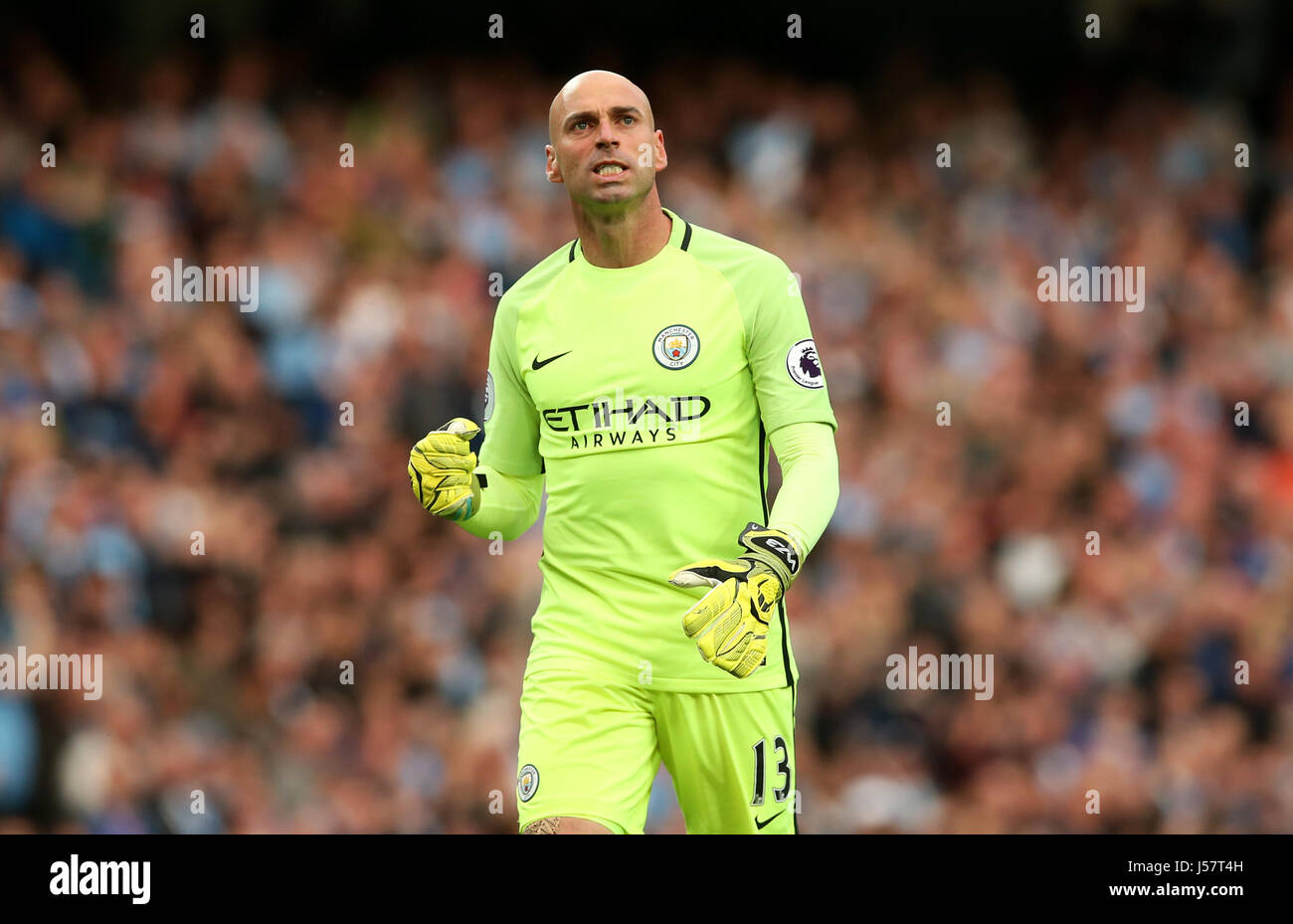 Manchester City goalkeeper Willy Caballero celebrates his teams first goal of the game during the Premier League match at the Etihad Stadium, Manchester. Stock Photo