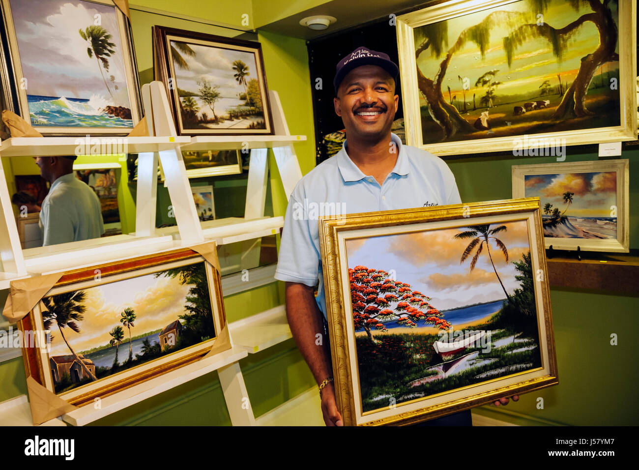 Florida,Mt. Mount Dora,Donnelly Park,Florida Highwaymen Art Show,artist,Kelvin Hair,Alfred Hair's son,Black man men male,landscape,painting,framed can Stock Photo