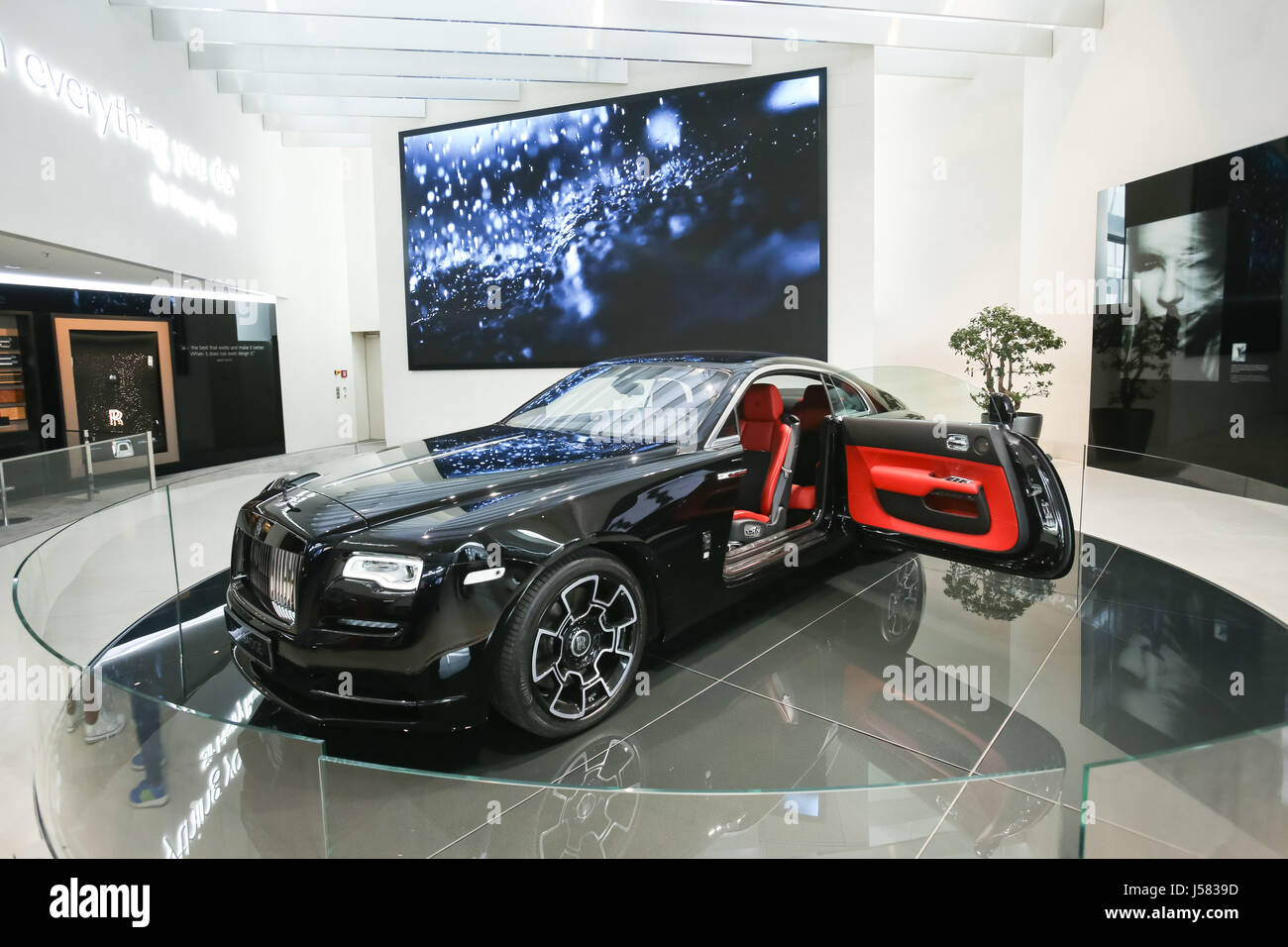 MUNICH, GERMANY - MAY 6, 2017 : The exhibited Rolls Royce automobile in the BMW Welt exhibition center in Munich, Germany. Stock Photo