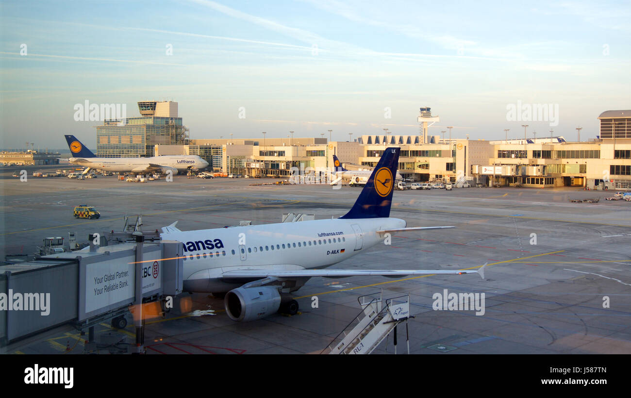 FRANKFURT, GERMANY - SEPTEMBER, 2014: This is the view from First Class Lounge of an airplane at the gate Stock Photo