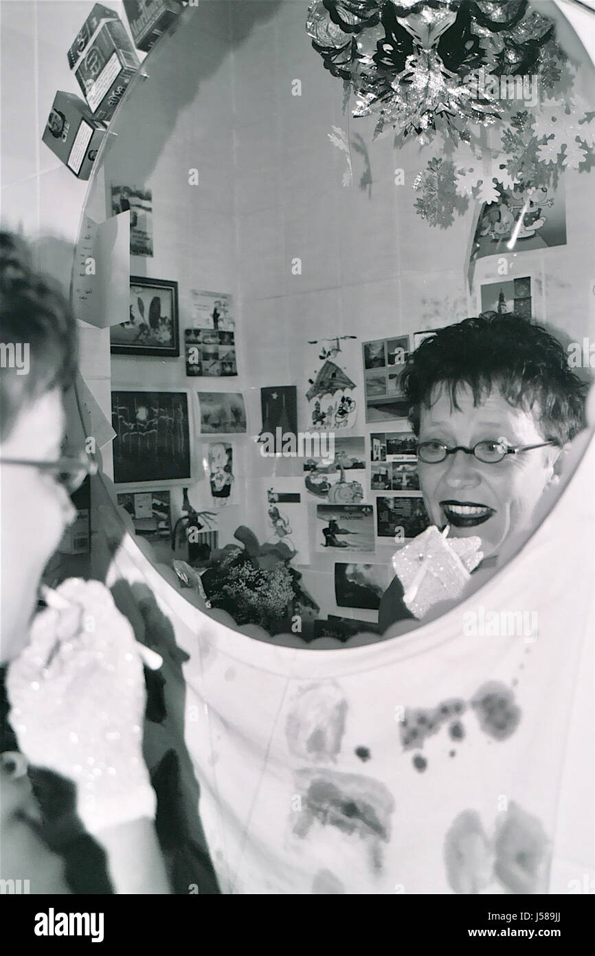woman face portrait bw glove toilet lipstick rouge postcards garland mirror Stock Photo