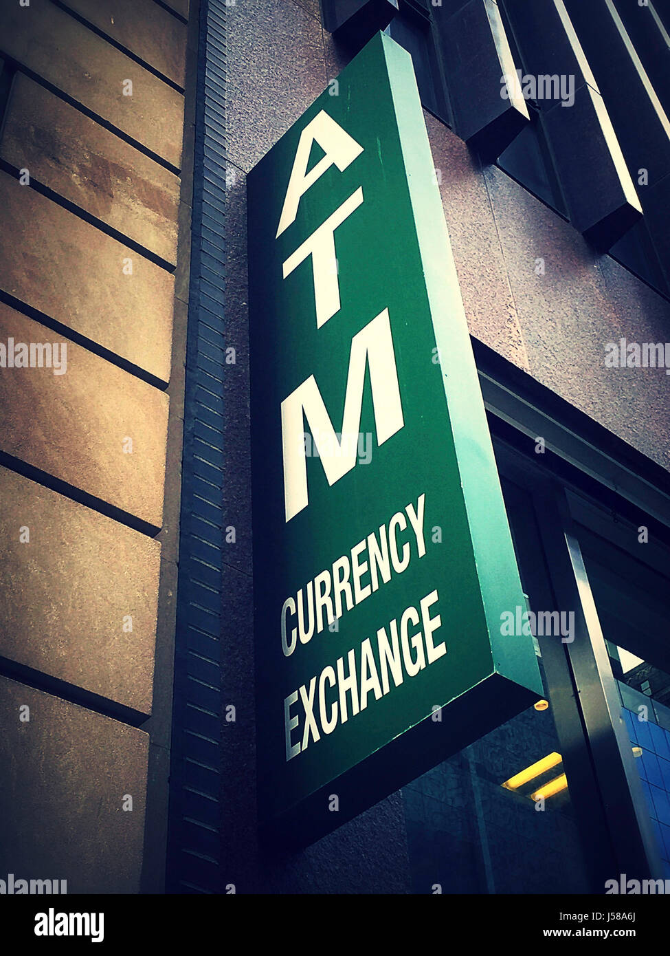 ATM and Currency Exchange Sign, NYC, USA Stock Photo