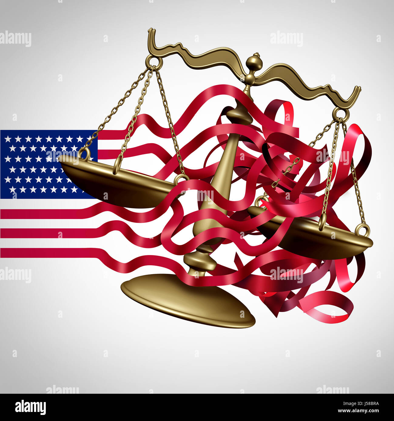 American Legal System Challenge and United States business regulations crisis as a flag with stripes tangled with a justice scale. Stock Photo