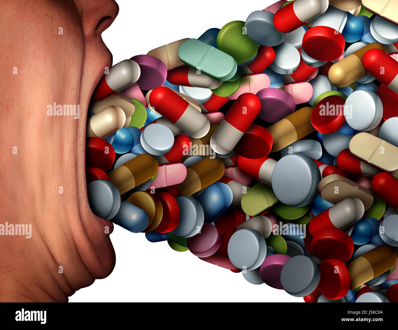 Too many pills health risk symbol and pharmaceutical overdose or overprescribed prescription drugs concept. Stock Photo