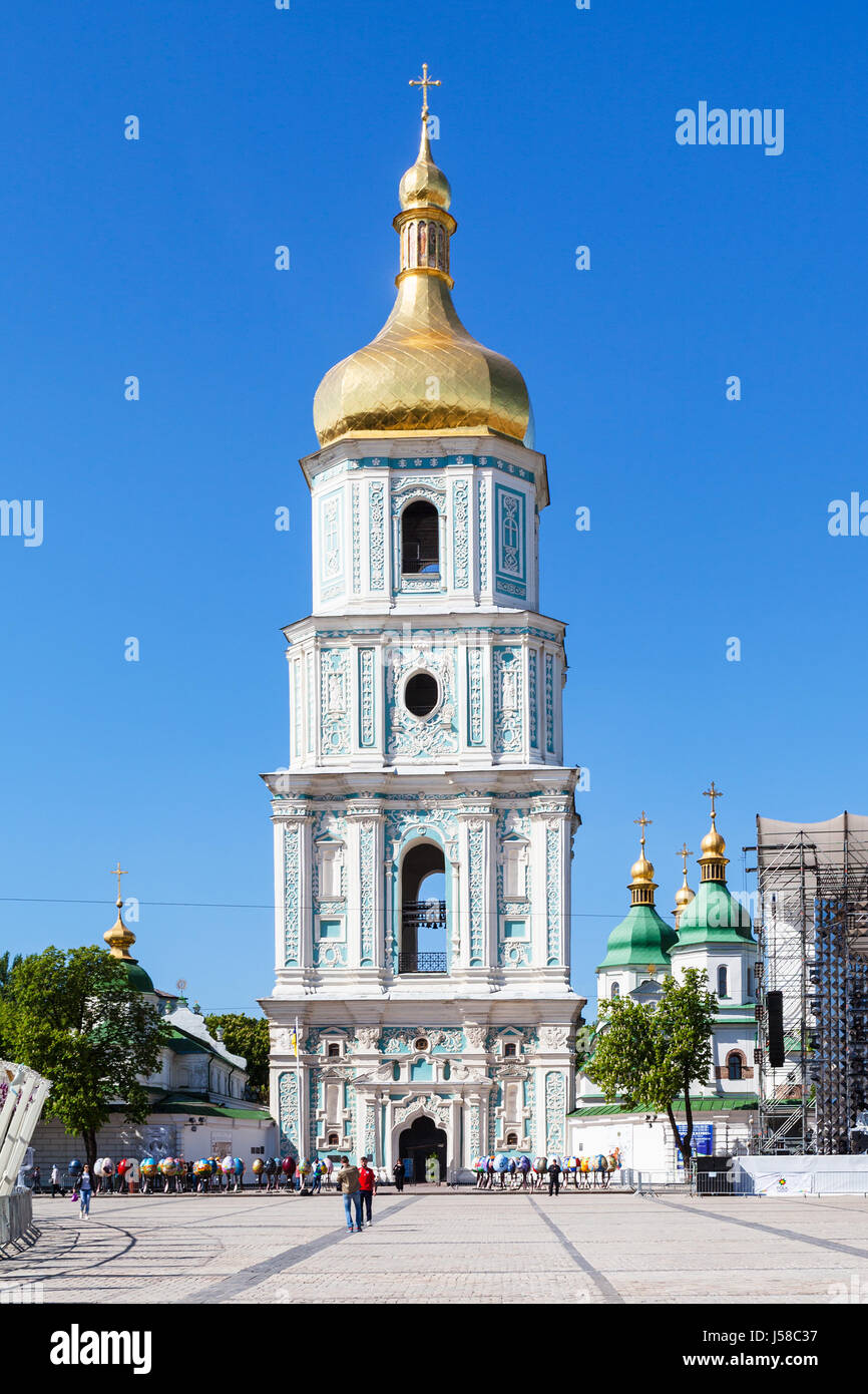 KIEV, UKRAINE - MAY 5, 2017: view of belltower of Saint Sophia Cathedral from St Sophia Square. The cathedral is the first heritage site in Ukraine to Stock Photo