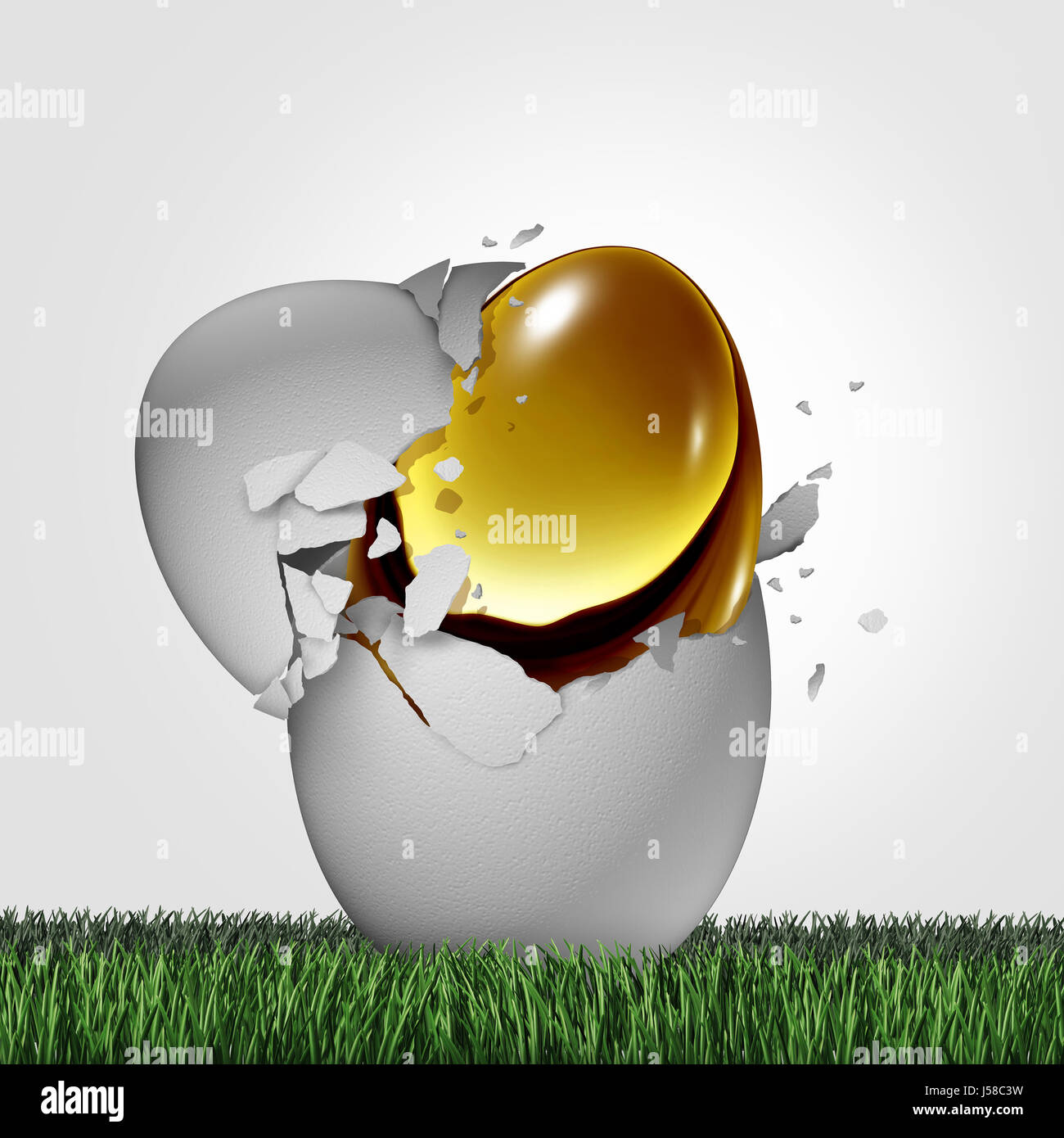 Wealth potential financial concept as a golden egg emerging out of an ordinary one as a business success metaphor. Stock Photo
