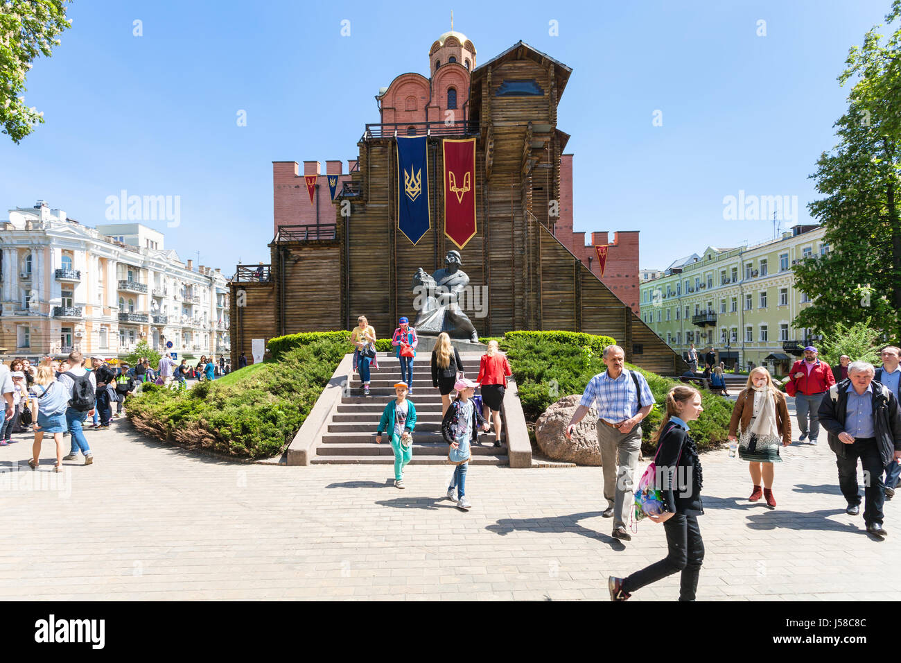 KIEV, UKRAINE MAY 5, 2017 tourists near Golden Gate Monument (Golden