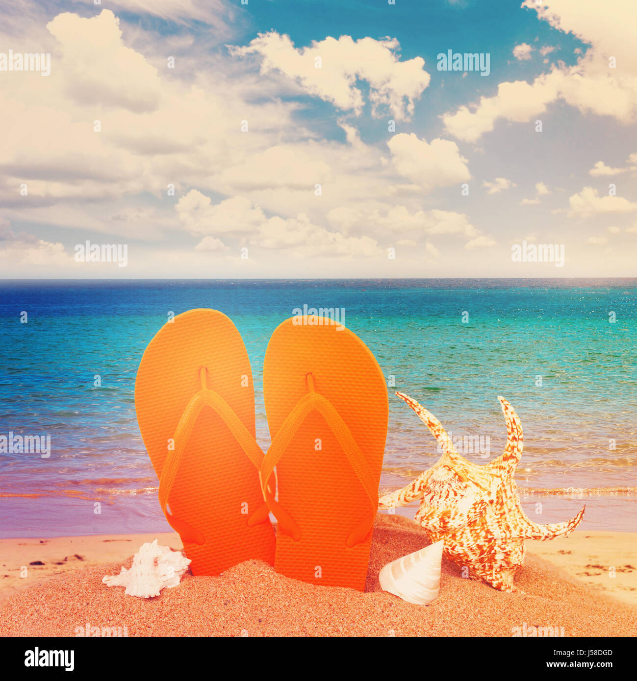 pair of orange flip flop sandals in sand on the beach near sea water ...