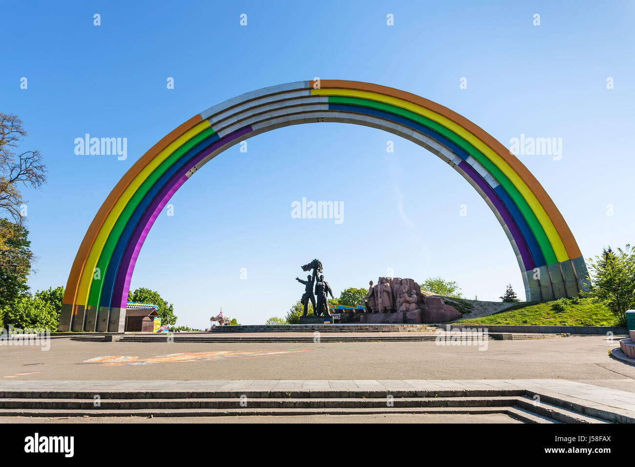 travel to Ukraine - rainbow painted Arch of Diversity (Friendship of Nations Arch, Arch of Friendship of People), Kyiv Pride Parade symbol in Kiev cit Stock Photo