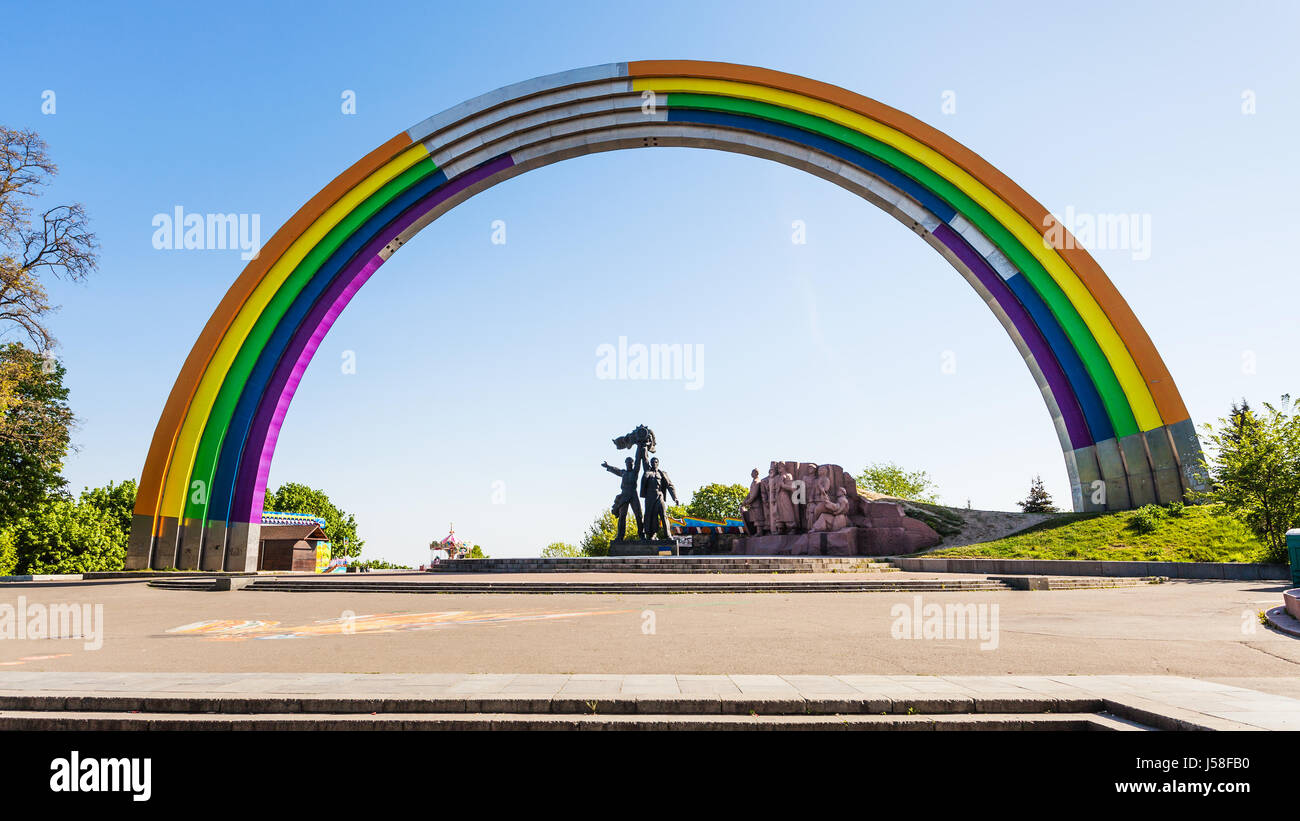 travel to Ukraine - view of rainbow painted Arch of Diversity (Friendship of Nations Arch, Arch of Friendship of People), Kyiv Pride Parade symbol in  Stock Photo