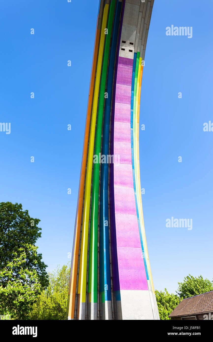 travel to Ukraine - detail of rainbow painted Arch of Diversity (Friendship of Nations Arch, Arch of Friendship of People), Kyiv Pride Parade symbol i Stock Photo