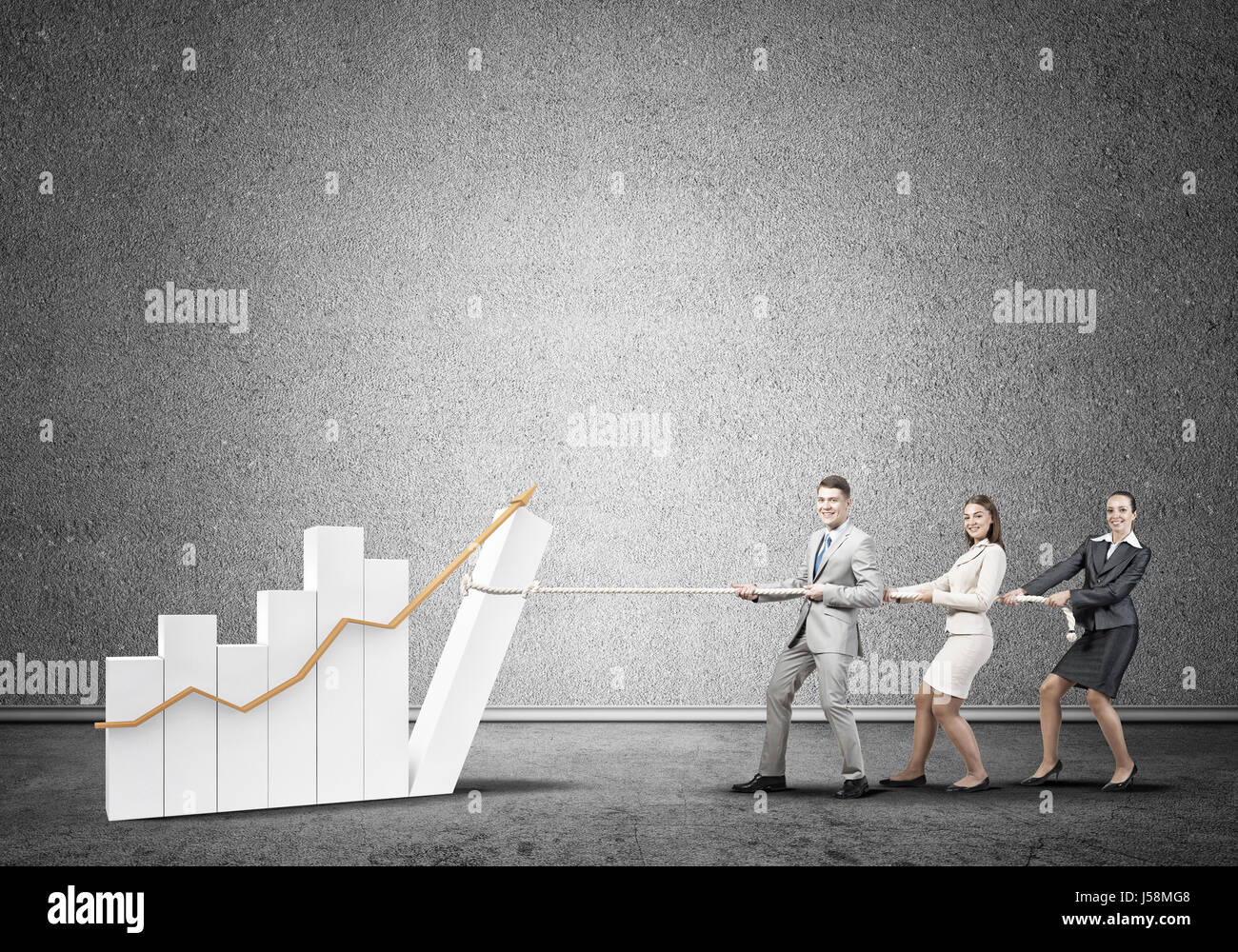 Businessteam working in collaboration pulling graph with rope as symbol ...