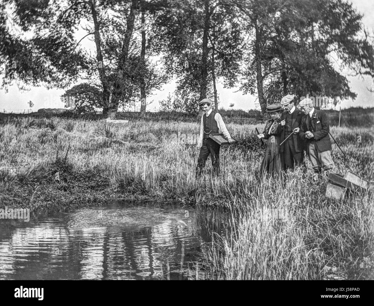 Watched by two men and a lady a young man holding a tray feeds fish in a small pond in 1910. The older men and the lady are all carrying walking sticks, on the ground in front of them are some empty feed trays. Restored using a high resolution scan taken from the original negative. Stock Photo