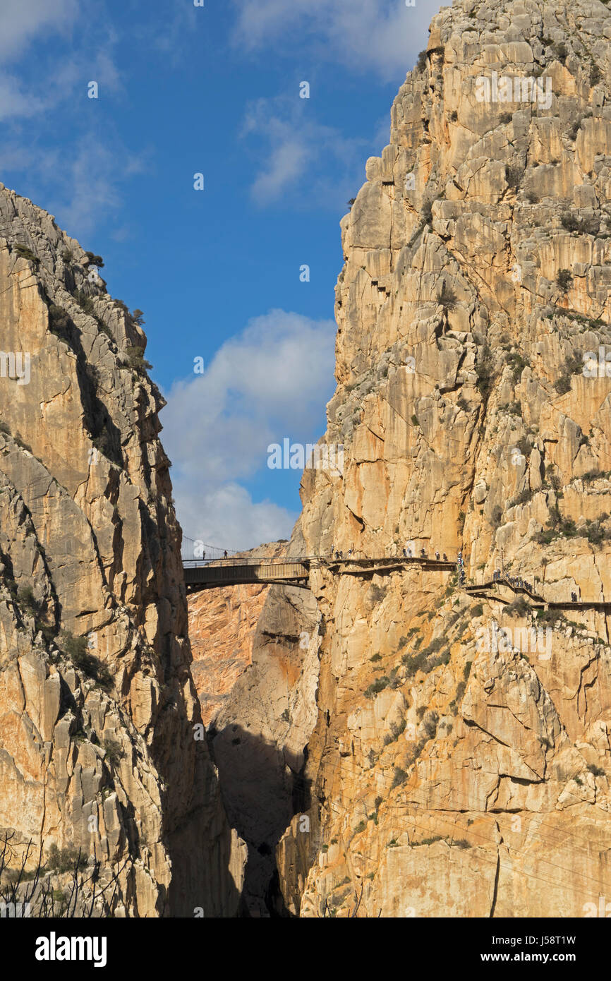 near Ardales, Malaga Province, Andalusia, southern Spain.  Visitors on the El Caminito del Rey or The King´s Walkway. The walkway is built into the si Stock Photo