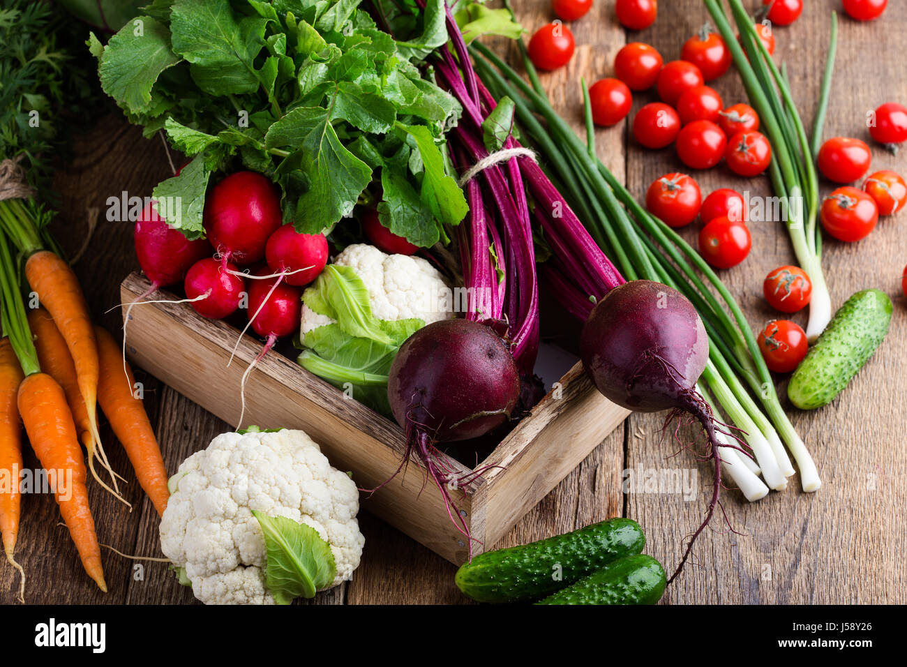 Harvest still life. Food composition of fresh organic vegetables, beets